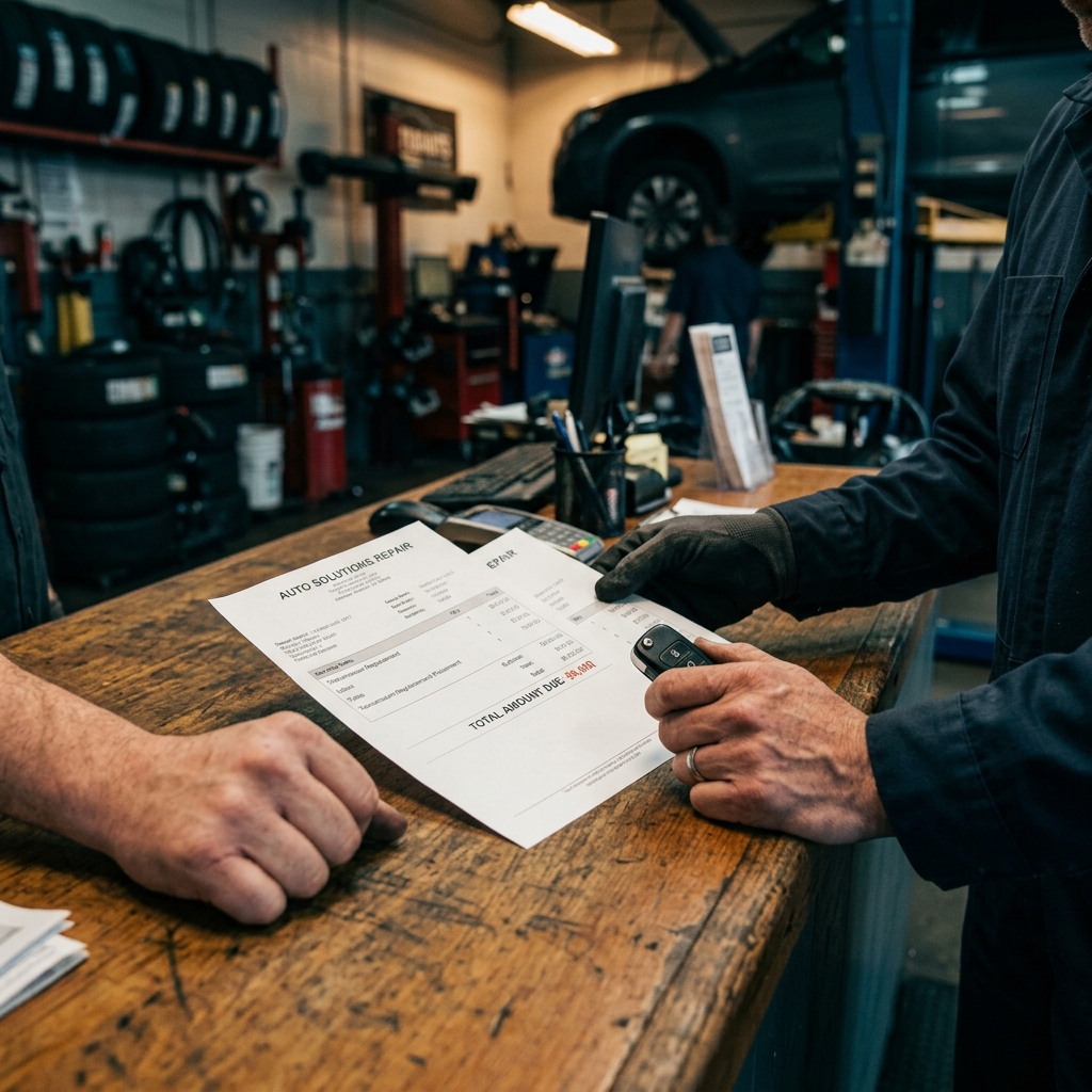 An $8,000 repair invoice on the shop counter