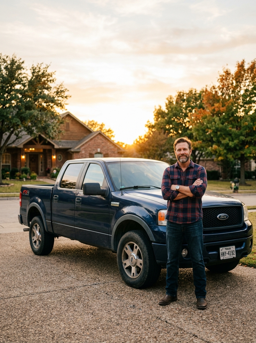 Confident owner beside his high-mileage truck